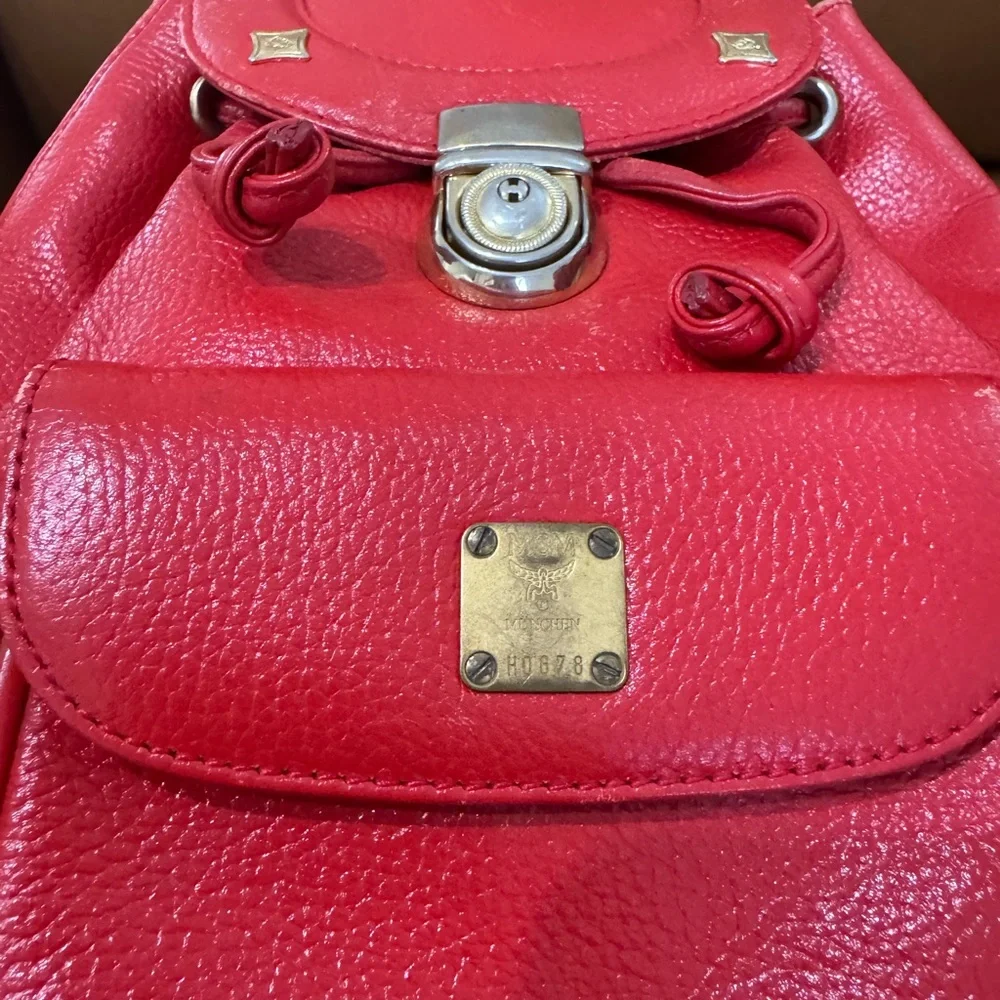 MCM Red Pebbled Leather Drawstring Backpack with Front Pocket SALE!!! - Picture 5 of 8